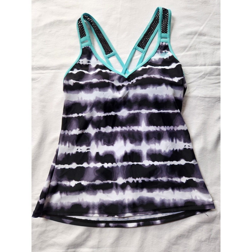 ZeroXposur Womens XS Tankini Top Black White Tie Dye Strappy Mesh Turquoise Trim